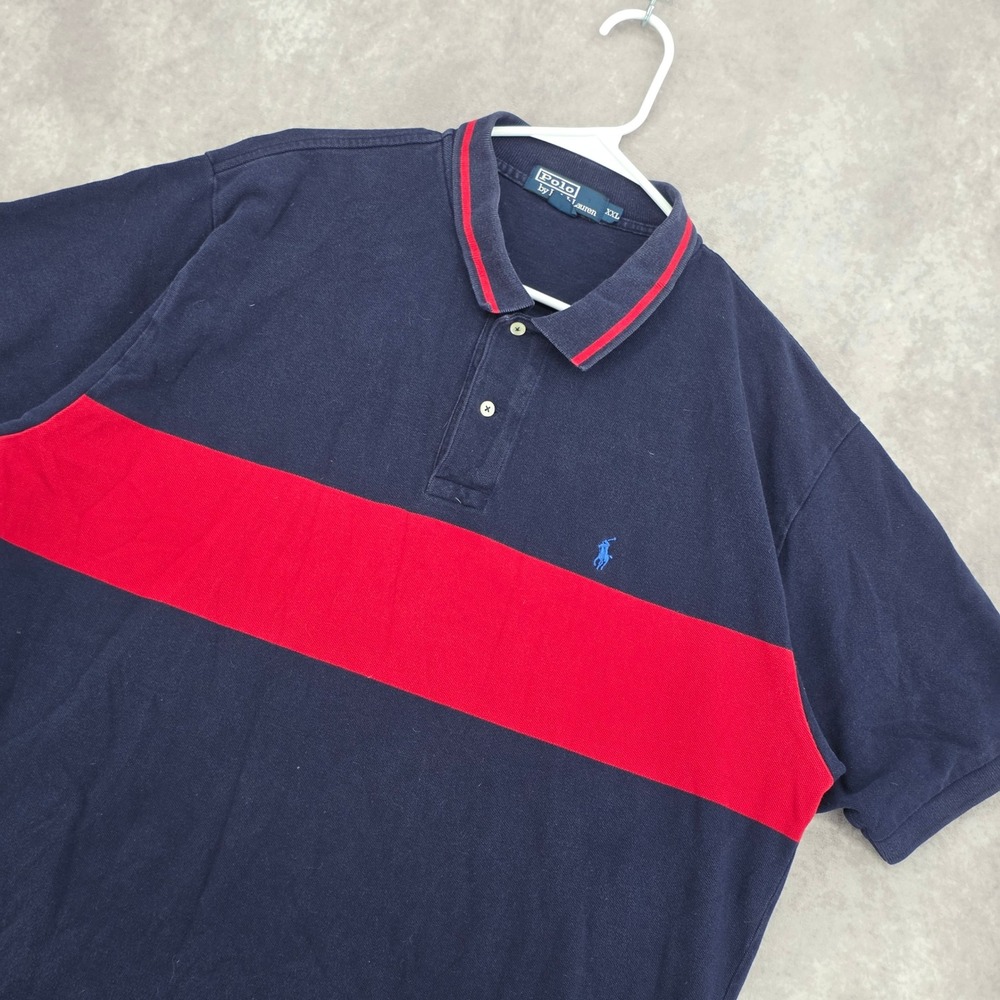Polo Ralph Lauren Stripe Pique Polo Shirt Mens XXL Navy Blue Red Short Sleeve